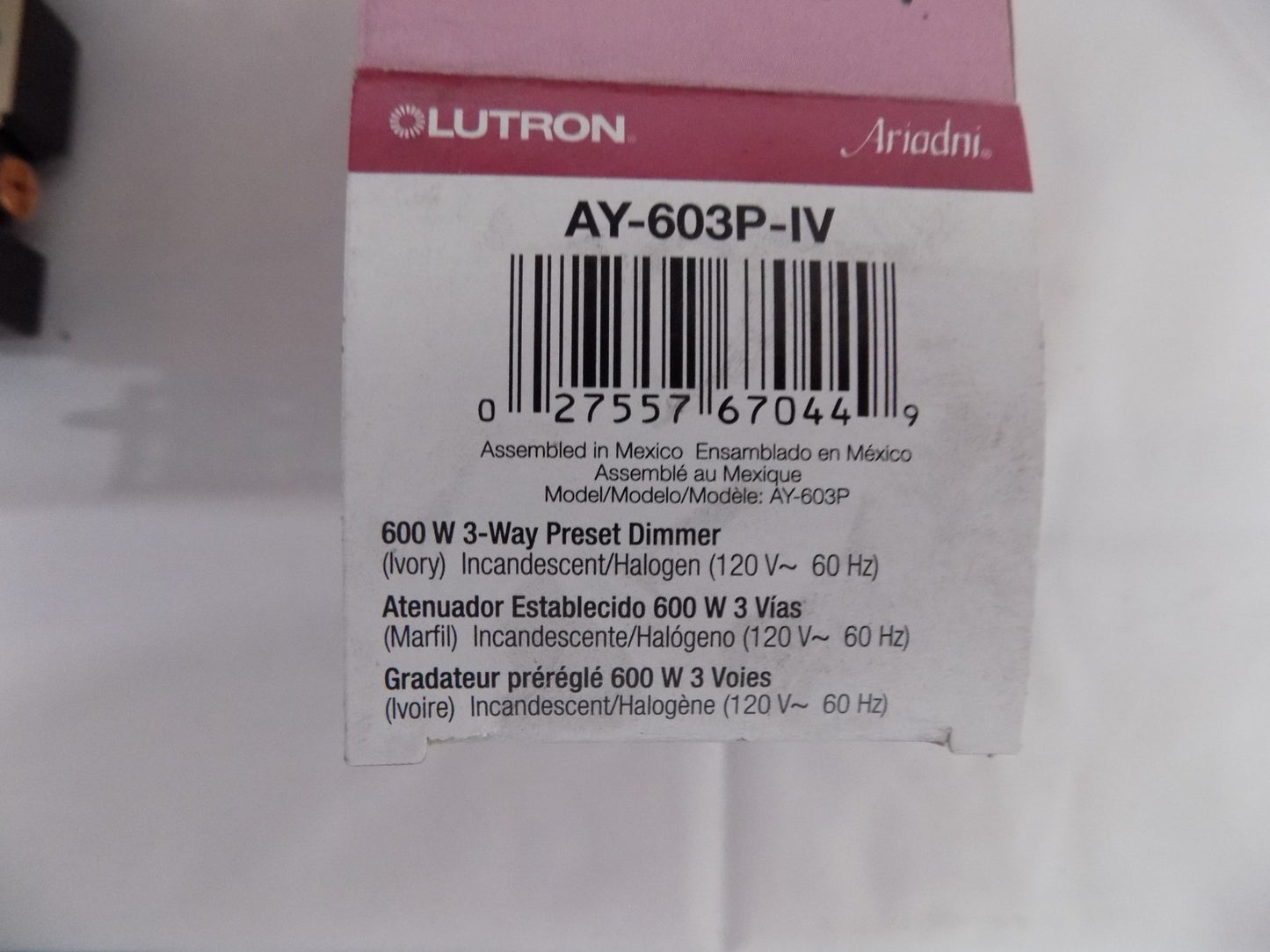 Lutron AY-603P-IV Ariadni 600W Incandescent / Halogen 3-Way Preset Dimmer Ivory