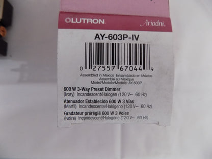Lutron AY-603P-IV Ariadni 600W Incandescent / Halogen 3-Way Preset Dimmer Ivory