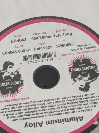 Welder's Choice MIG Welding Wire: ER4043, 0.0300" Dia, Aluminum, 1 Lb 59802744