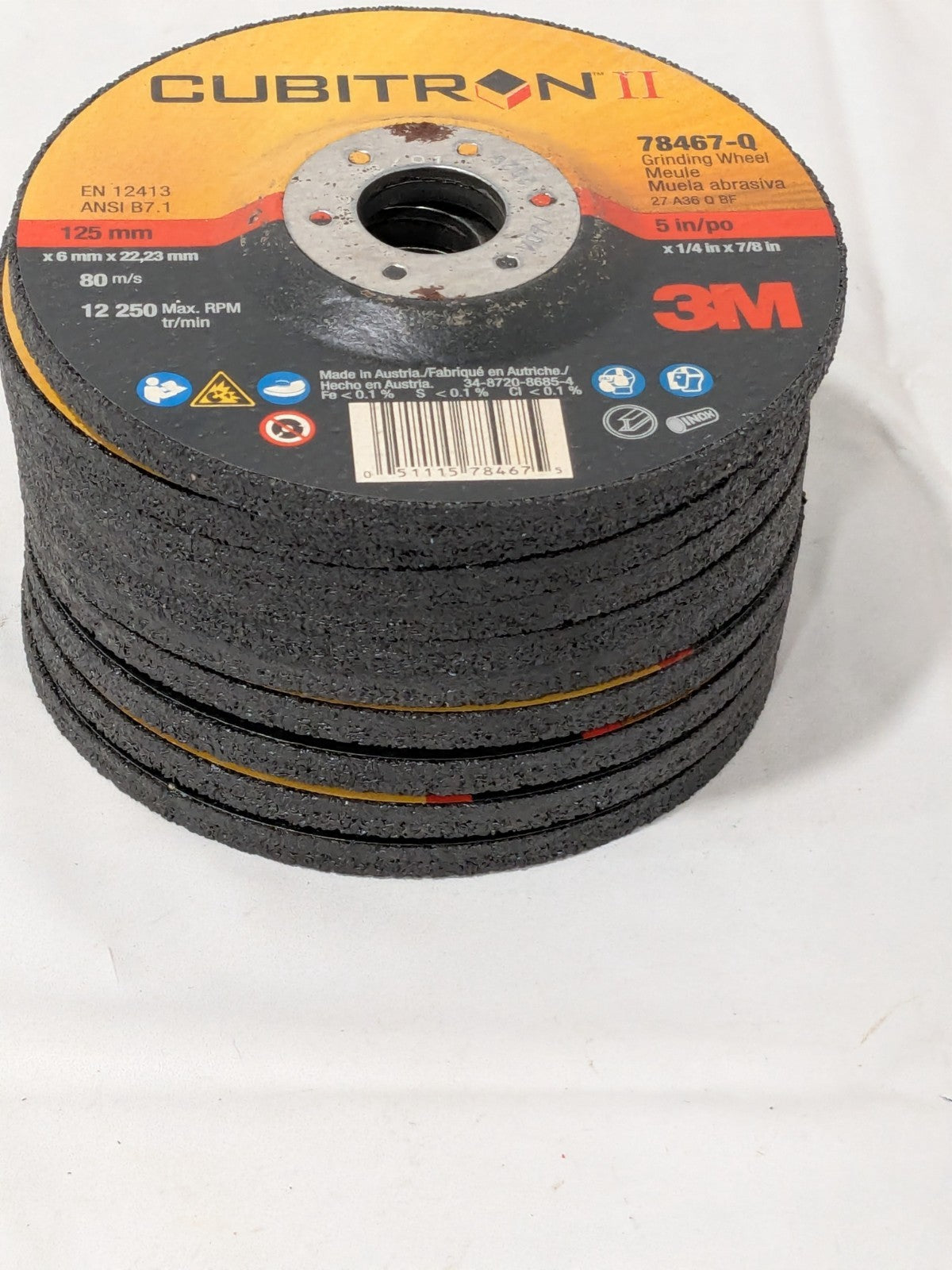 (10) 3M Depressed-Center Wheel Type 27, 5" Dia, 1/4" Thick, 7/8" Hole 7100095557