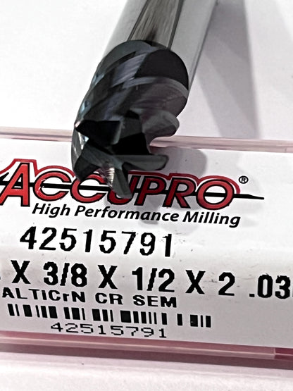 Accupro Corner Radius End Mill: 3/8" Dia, 1/2" LOC Centercutting Series HS