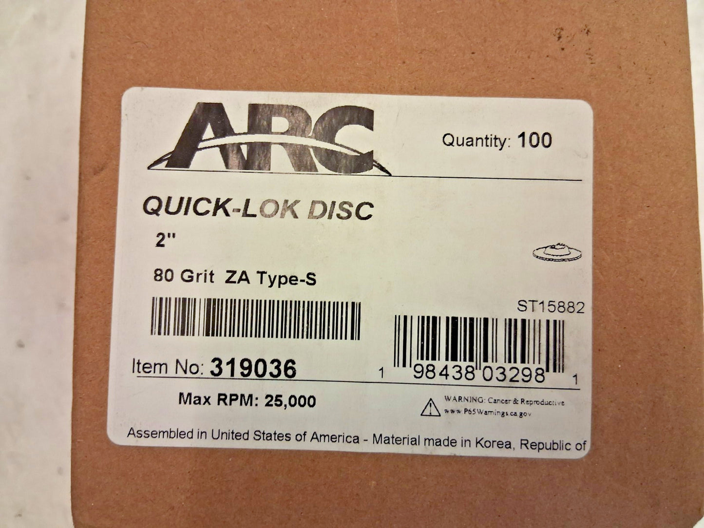 ABC Abrasive Quick Change Discs 100pk S-Lock 2" Dia 80 Grit 319036