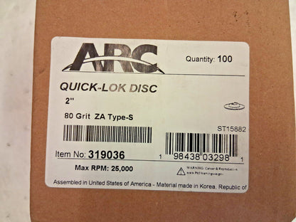 ABC Abrasive Quick Change Discs 100pk S-Lock 2" Dia 80 Grit 319036