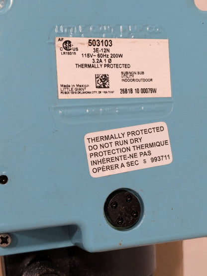 Little Giant Submersible Pump: 3.2 Amp Rating 503103