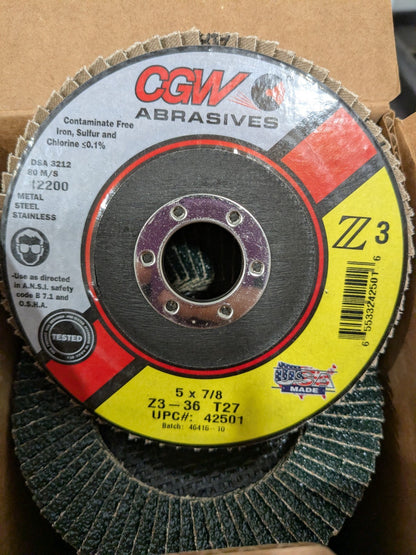 Flap Disc: 5" Dia, 7/8" Hole, Zirconia Alumina, Type 27 Qty 10 42501