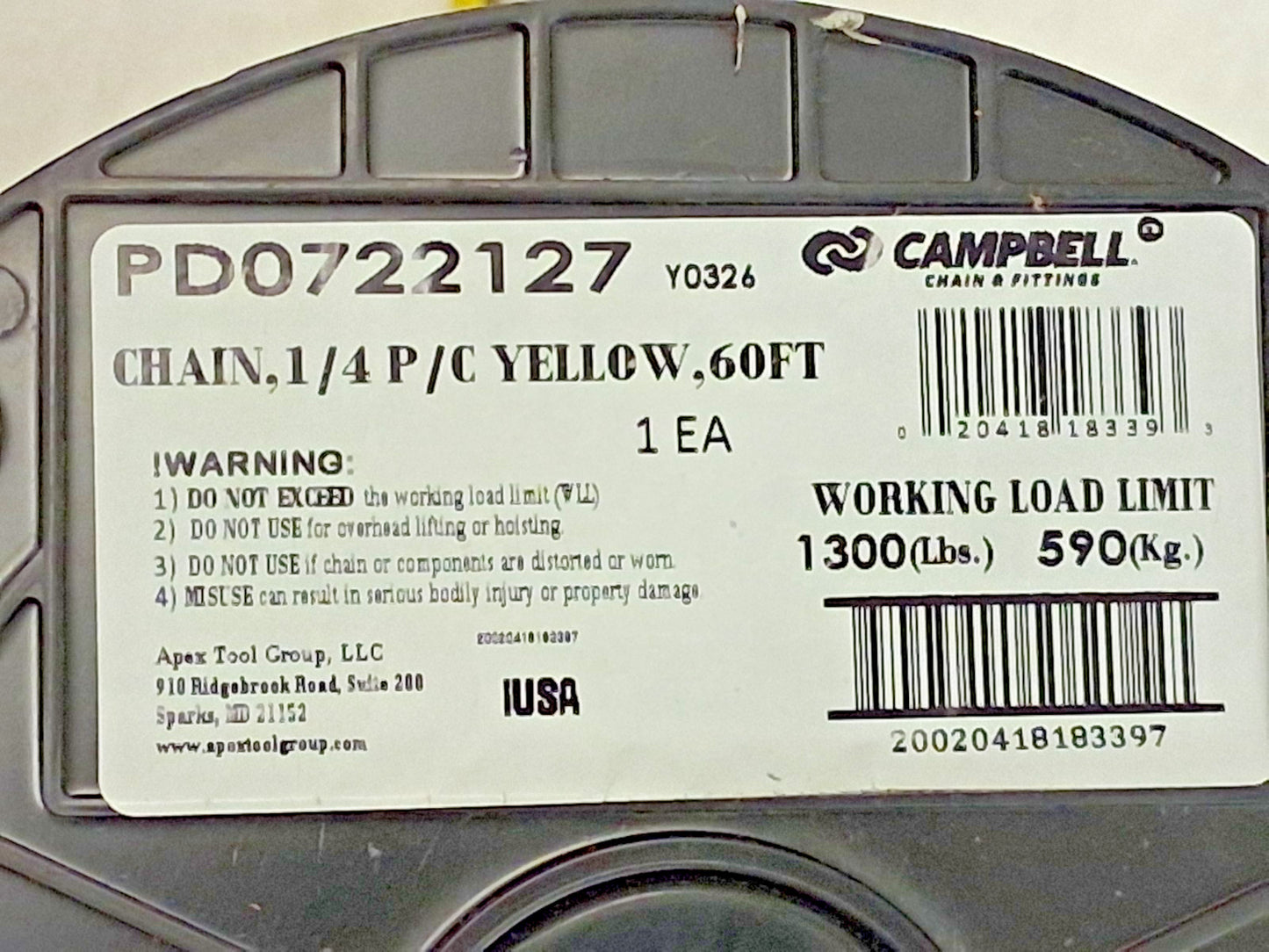 Campbell Carbon Steel Welded Chain 1300 Load Cap 60ft Long PD0722127