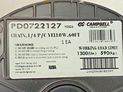 Campbell Carbon Steel Welded Chain 1300 Load Cap 60ft Long PD0722127