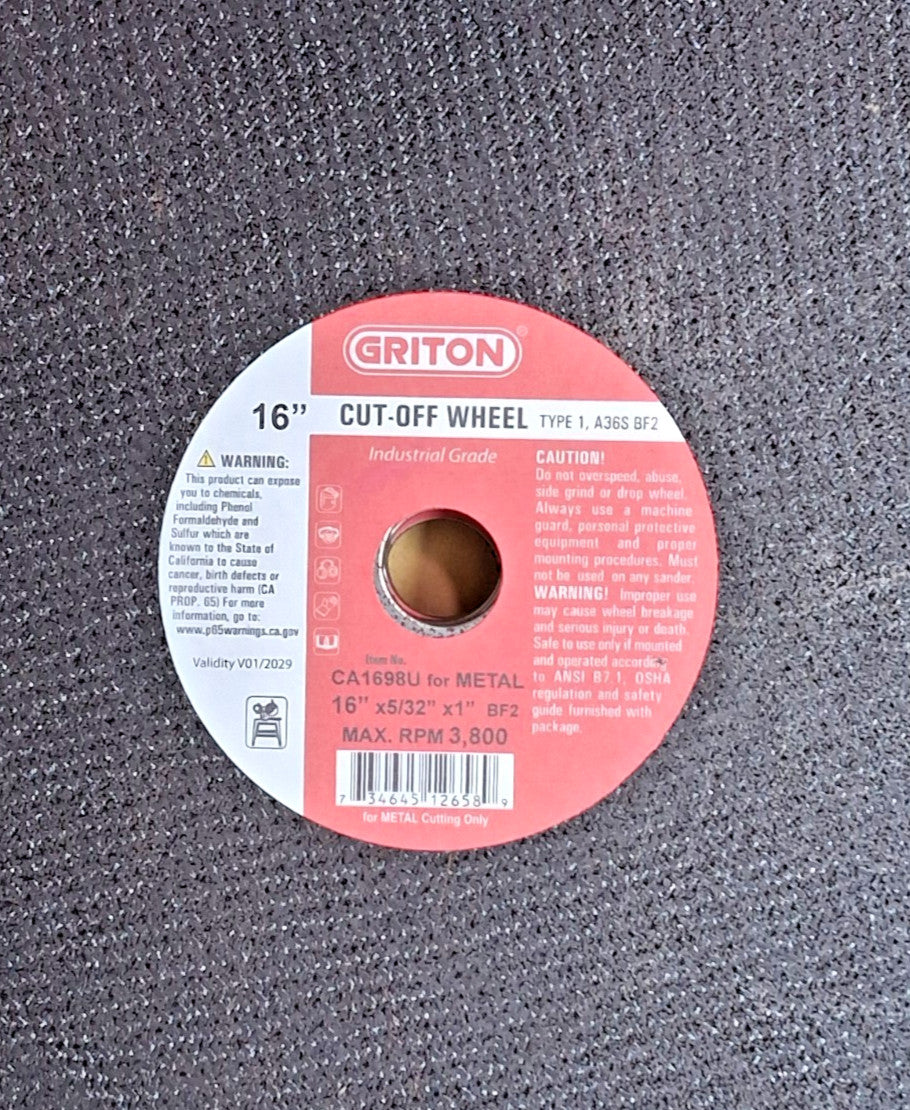 Griton Aluminum Oxide Cutoff Wheels Type 1 16" Dia 5/32" Thick 1" QTY10 CA1698U