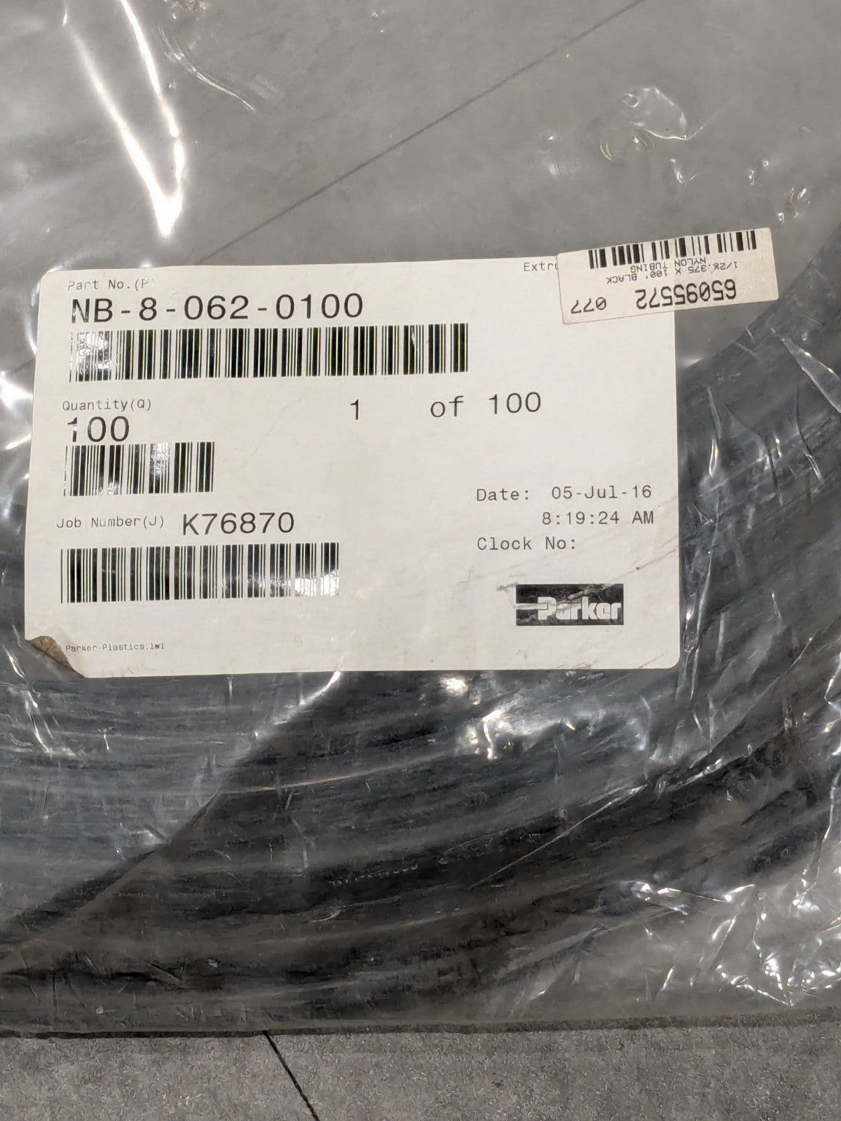 Parker Black Nylon Tubing 1/2" X .375" X 100' NB-8-062-0100