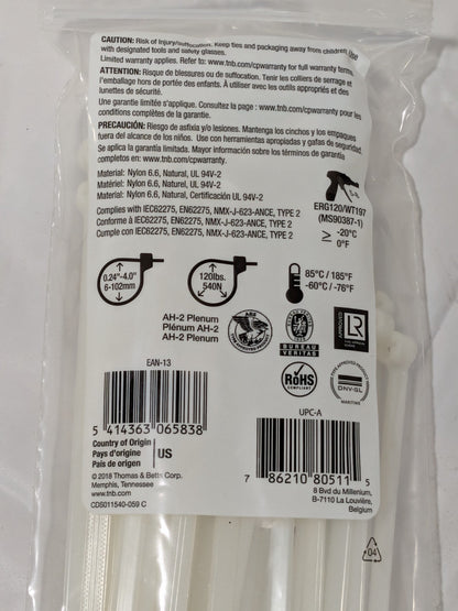 Thomas & Betts Standard Cable Tie: 13.4" Long, Natural, Nylon Pack of 50  TY527M