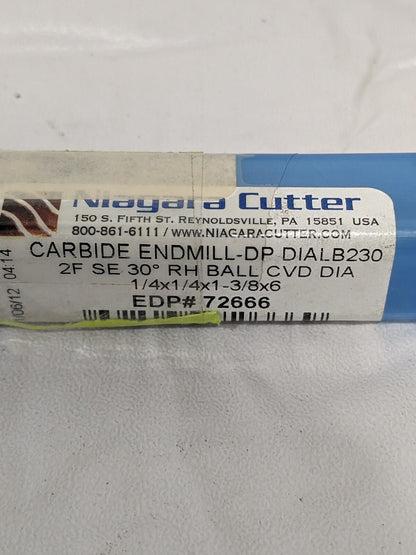 Niagara Cutter Solid Carbide Ball End Mill 1/4" Diam, 1-3/8" LOC, 2 FL 72666