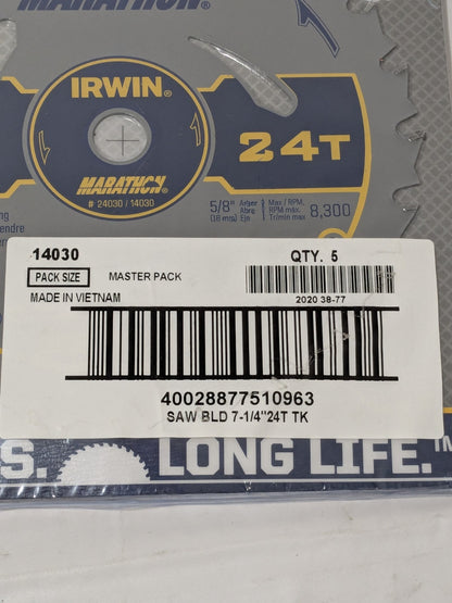 IRWIN Marathon 7-1/4-Inch 24-Tooth Circular Saw Blade,5 Pack 14030