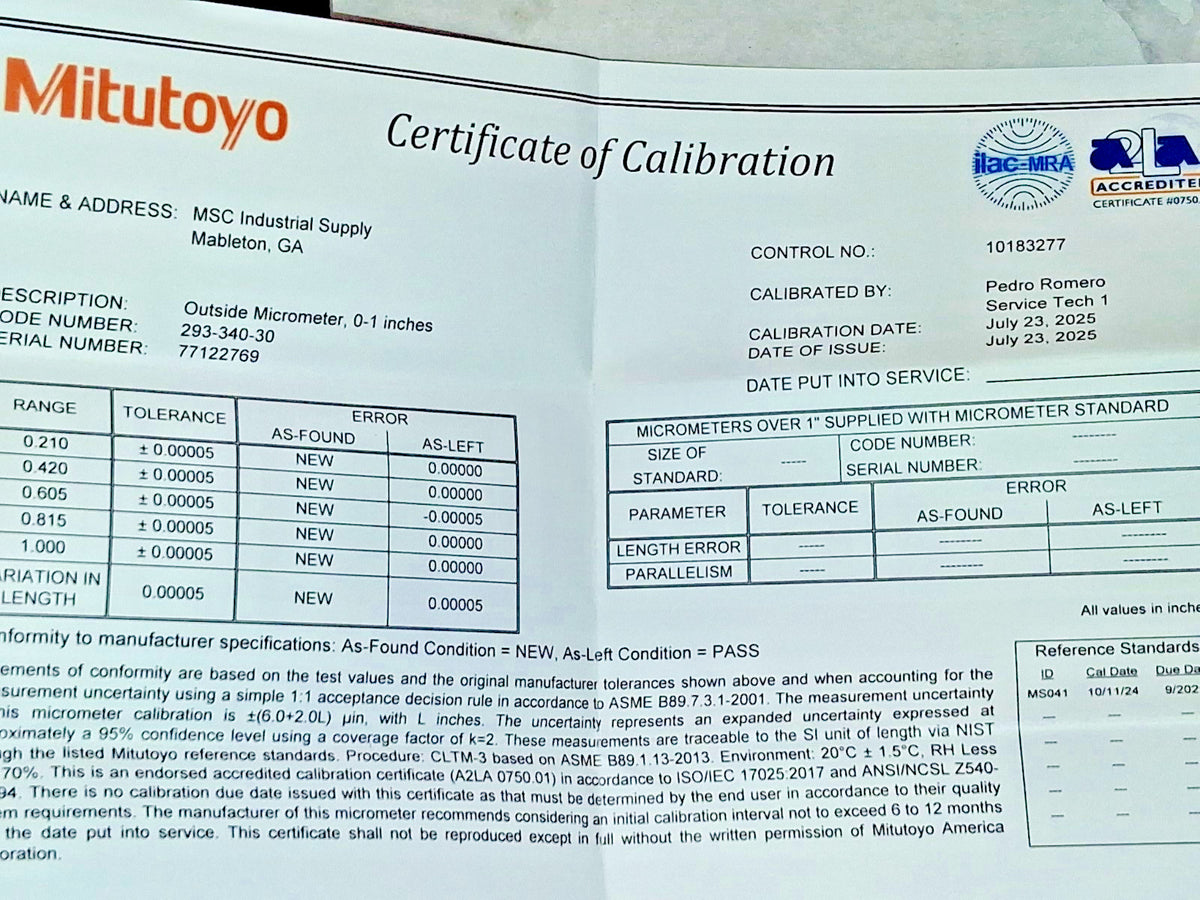 Mitutoyo Electronic Outside Micrometer 0.00 mm to 1" Carbide 293-340-30CAL