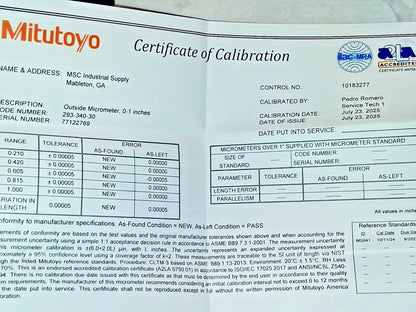 Mitutoyo Electronic Outside Micrometer 0.00 mm to 1" Carbide 293-340-30CAL