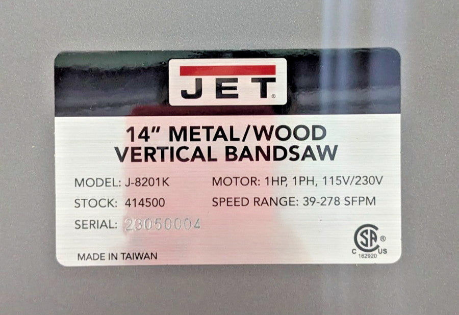 JET J8201-K Vertical Bandsaw  13-1/2" Depth  115V 1HP   *SCRATCH &amp; DENT