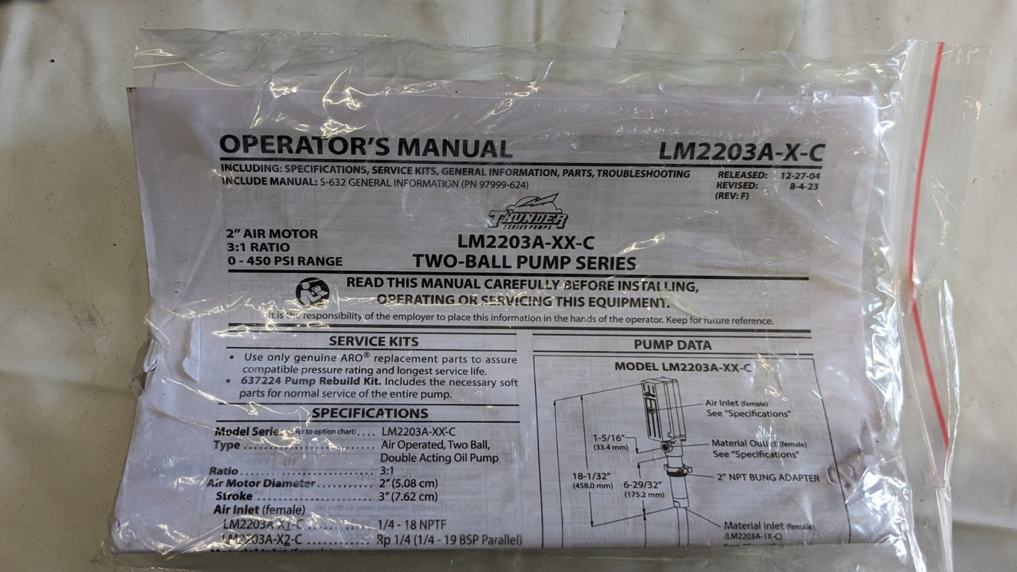 ARO / INGERSOLL-RAND  Air Operated Drum Pump  6GPM  LM2203A-41-C  *Damaged*
