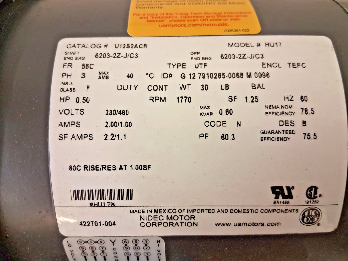 US Motors Nidec Motor .5HP 1770RPM HU17
