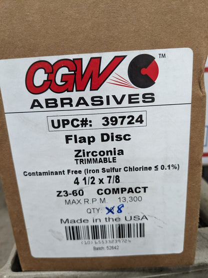CGW Flap Disc: 4-1/2 Dia, 7/8 Hole, 60 Grit, ZA, Type 27 Qty 8 39724