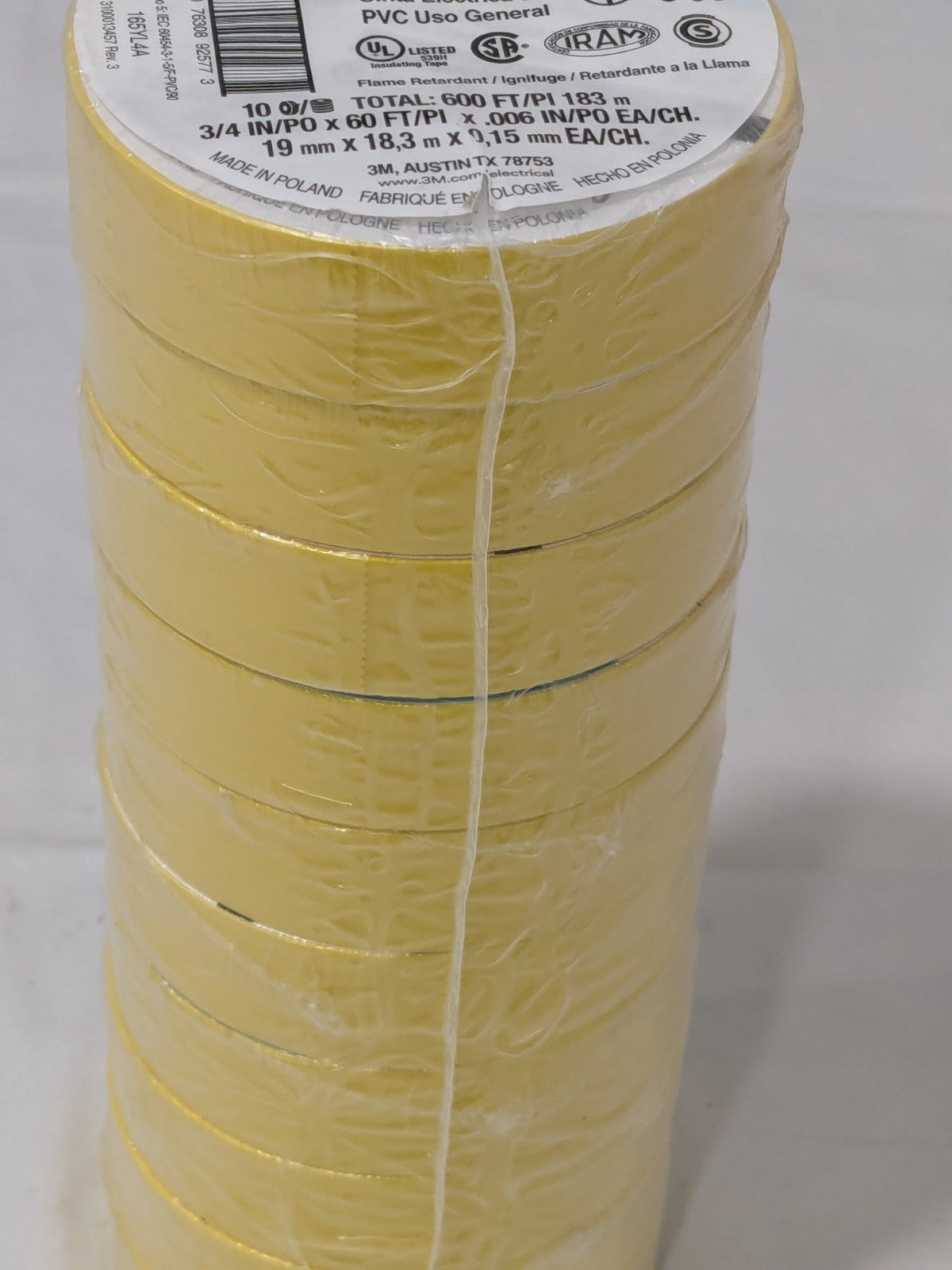 3M Electrical Tape: 3/4" Wide, 60' Long, 6 mil Thick, Yellow Qty 10 7100169490