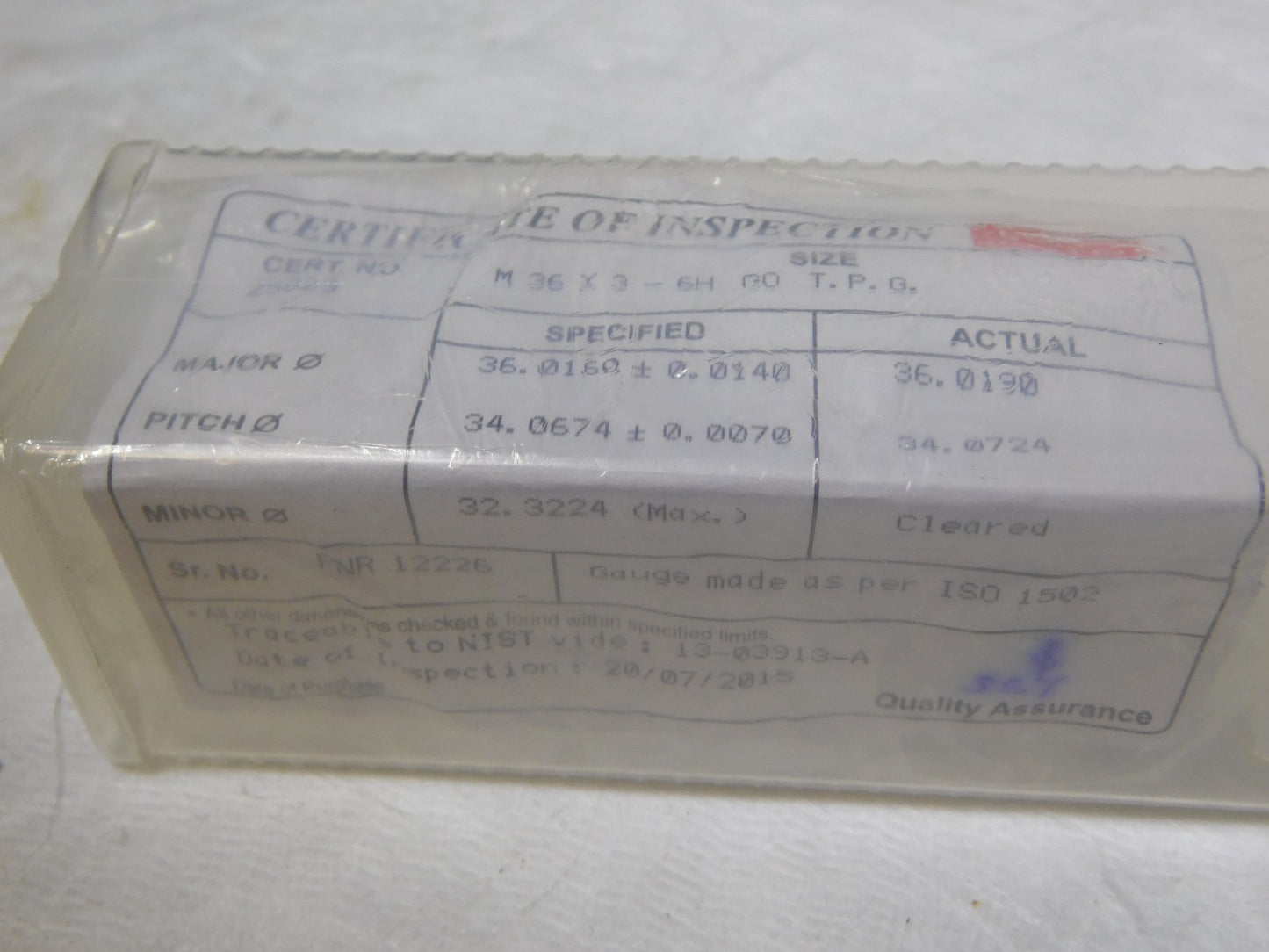 SPI   Metric Taperlock Thread Plug Gage Single End M36x3 Thread G0 34-568-6