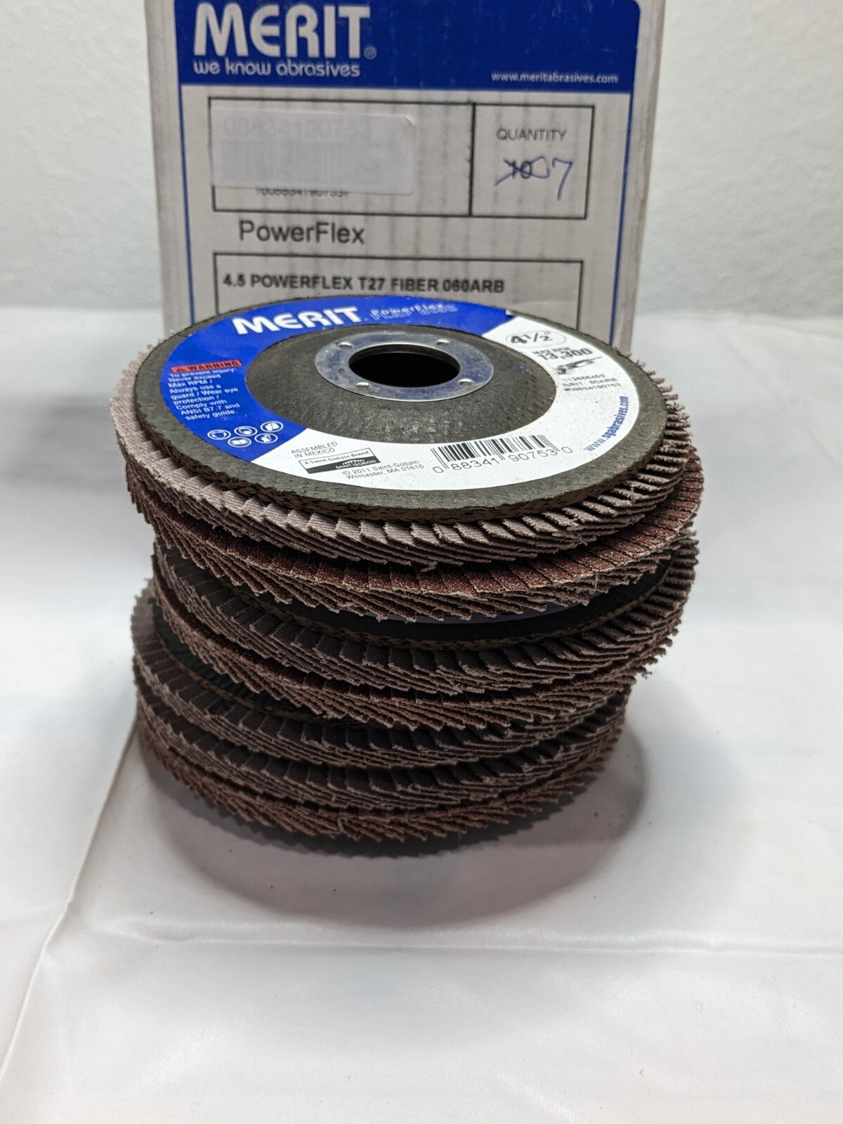 Merit Flap Disc: 4-1/2" Diam, 7/8" Hole, 60 Grit, AO, Type 27 Qty 7 08834190753
