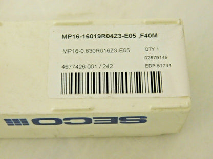 Seco Carbide Milling Tip Insert MP16-16019R04Z3-E05 Grade F40M 51744