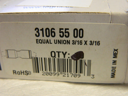 Parker 3/16" Outside Diam, Nylon Push-to-Connect Tube Union  QTY 2 BD-LG1018