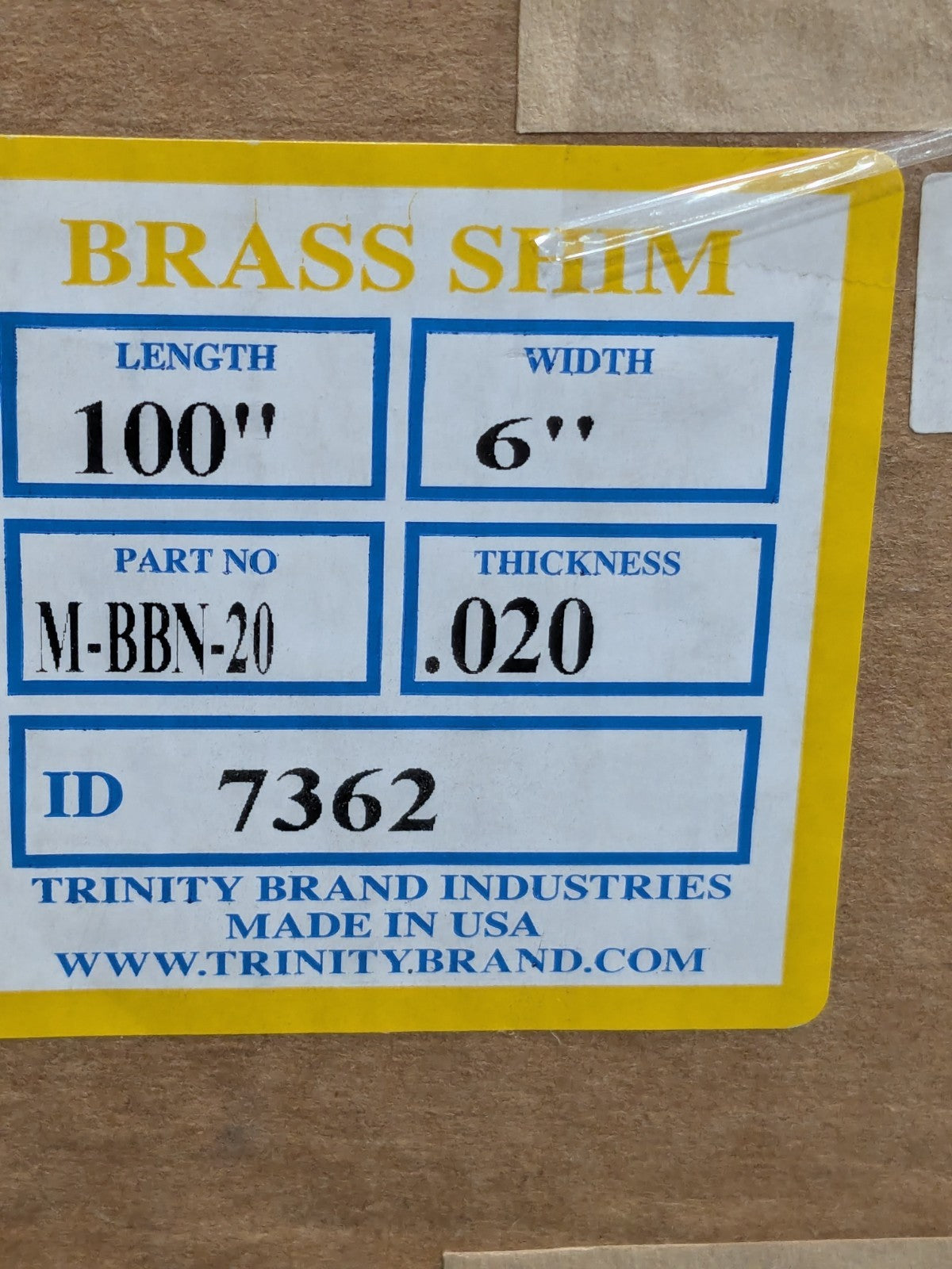 Trinity Metal Shim Stock: Roll, 0.0200" Thick, 100" L, 6" W, 260 Brass M-BBN-20