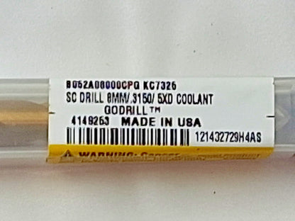 Kennametal Carbide Jobber Length Drill Bit 8.00 mm (0.3150) Dia 140 deg 4149253