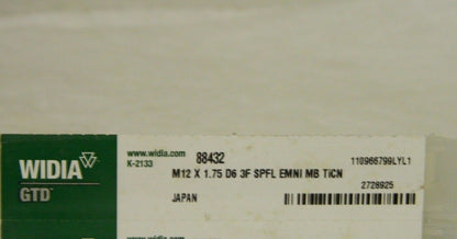 Widia Spiral Flute Tap M12 x 1.75 mm D6 3 Flute HSS TiCN Coated Qty 2  88432