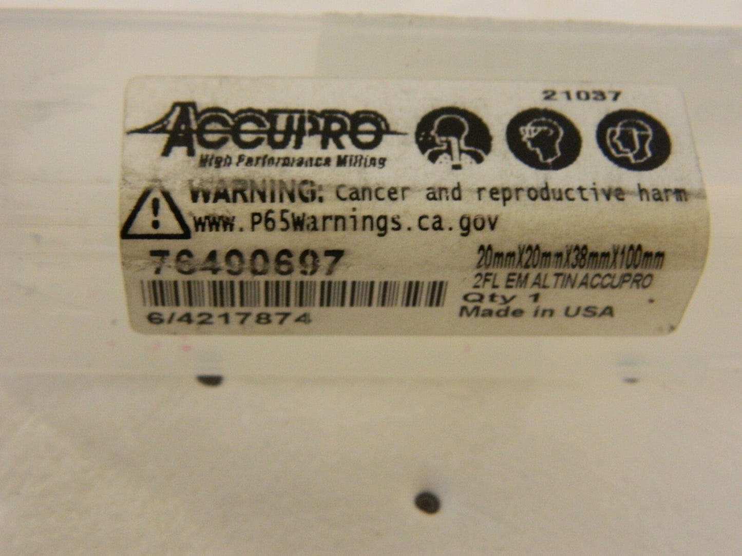 ACCUPRO Square End Mill: 20 mm Dia, 38 mm LOC, 2 Fl Carbide 12181559