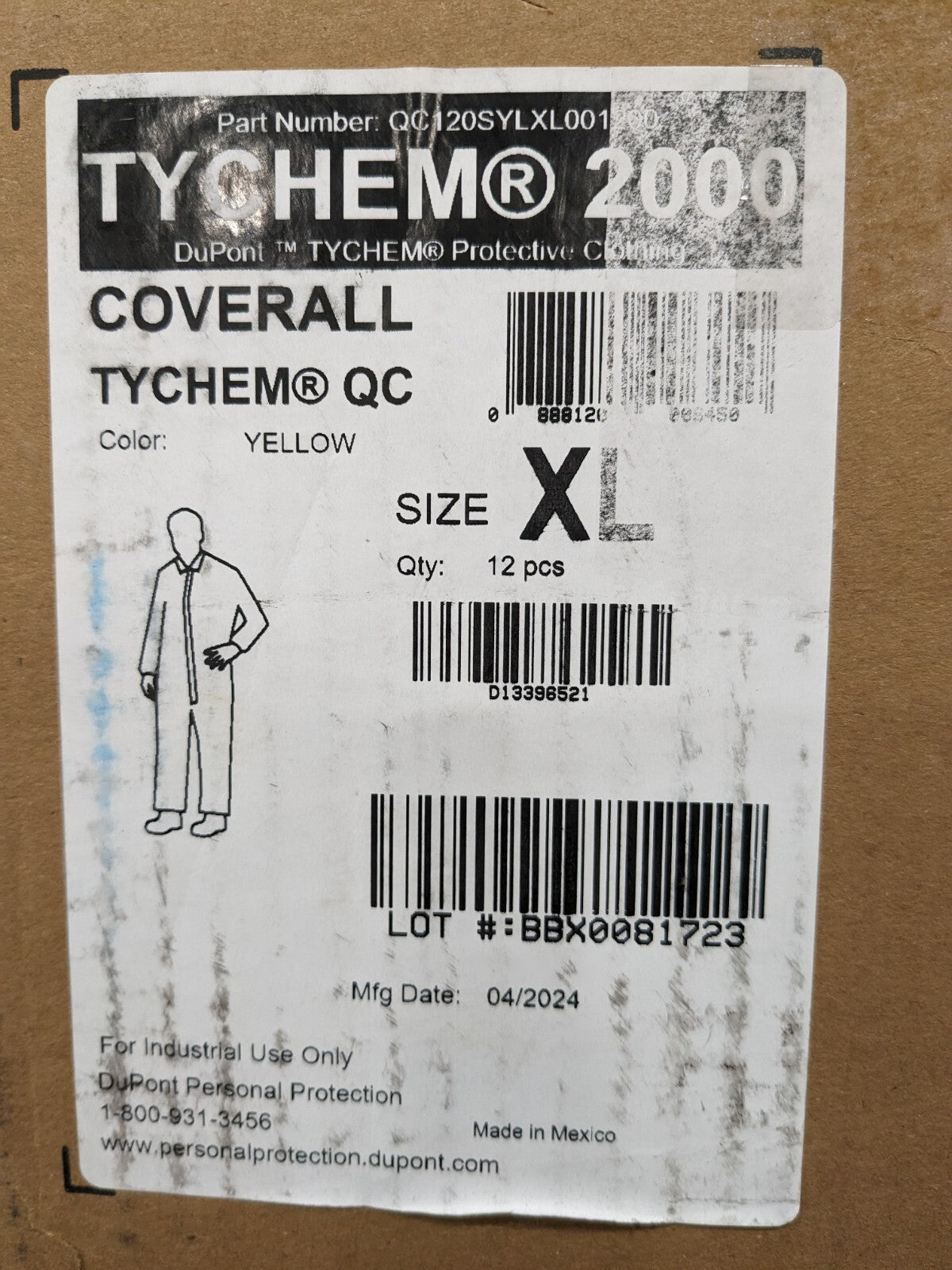 DUPONT Disposable Coverall Splash/Chemical Sz XL Qty 12 QC120SYLXL001200