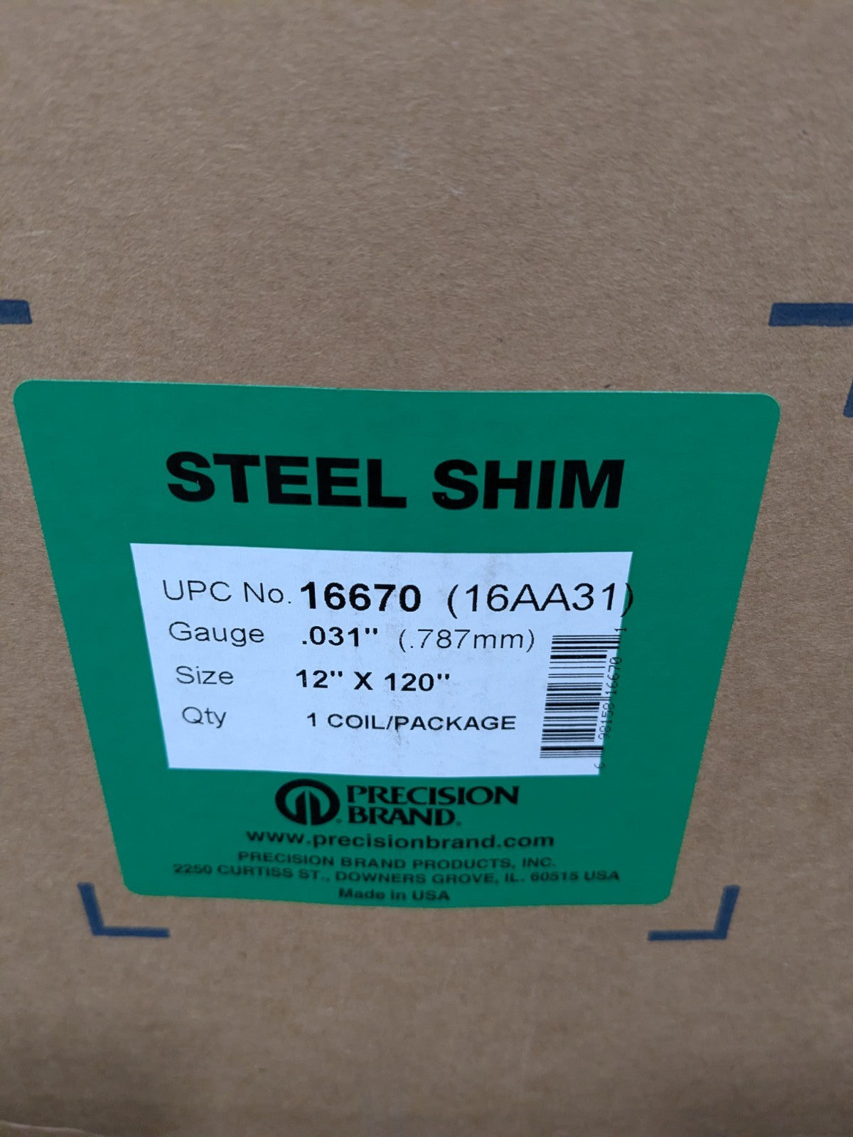 Precision Metal Shim Stock: Roll, 0.0310" T, 120" L, 12" W, 1010 Steel 16670