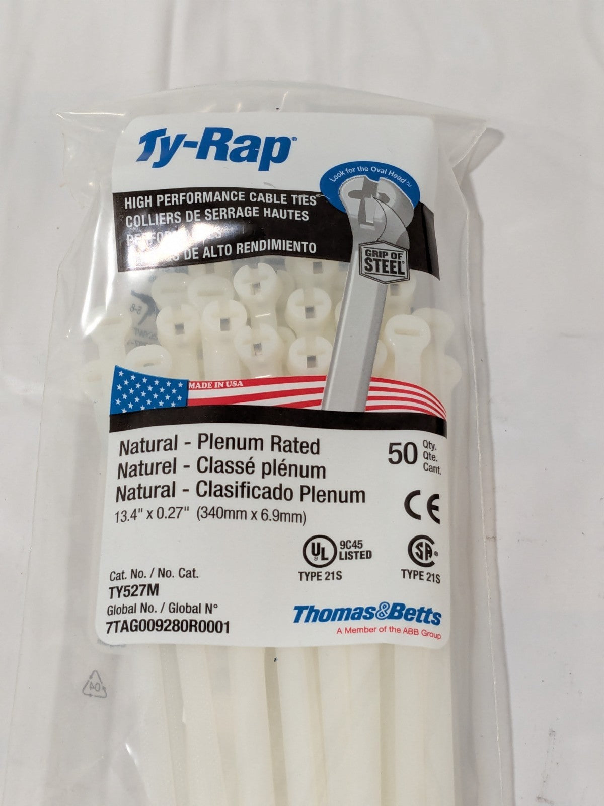 Thomas & Betts Standard Cable Tie: 13.4" Long, Natural, Nylon Pack of 50  TY527M