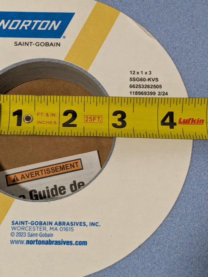 Norton Surface Grinding Wheel 12" Diam 1" Thick 3" Arbor Hole 60G