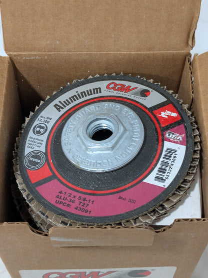CGW Flap Disc: 4-1/2" Dia, 36 Grit, Aluminum Oxide, Type 27 Qty 10 43091