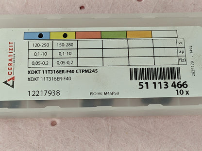CERATIZIT Milling Insert: XDKT 11T316ER-F40 Solid Carbide 51113466