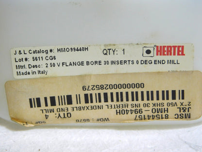 Hertel Indexable Sq Shoulder End Mill 2 Dia V50 Taper Shank 12.38 L HM099440H