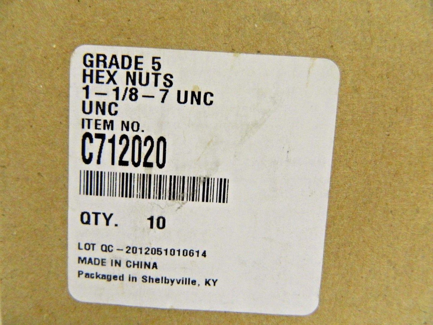 Hex Nuts 1-1/8" - 7 UNC x 1-11/16" W Grade 5 Qty 10  C712020