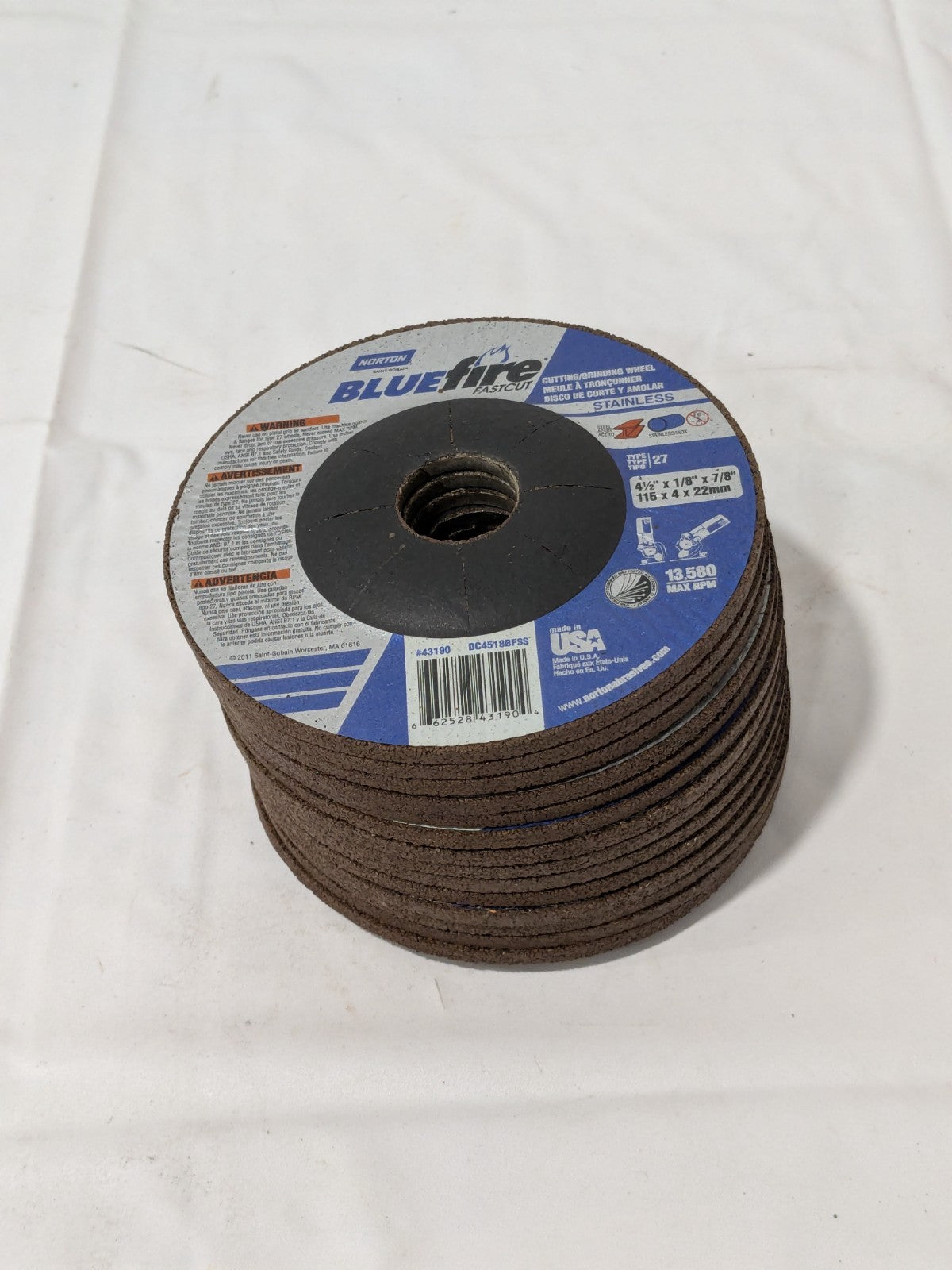 (14) Norton Depressed-Center Wheel 4-1/2" Dia, 1/8" Thick, 7/8" Hole 66252843190