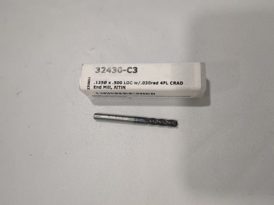 HARVEY TOOL Corner Radius End Mill: 1/8" Dia 4 Flute, Solid Carbide 32430-C3