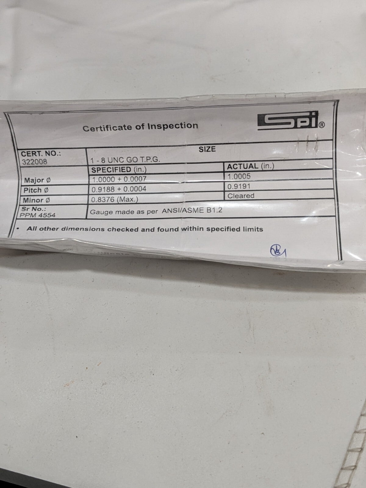 SPI Plug Thread Gage: #1-8 Thread, 2B Class, Go &amp; No Go 34-429-1