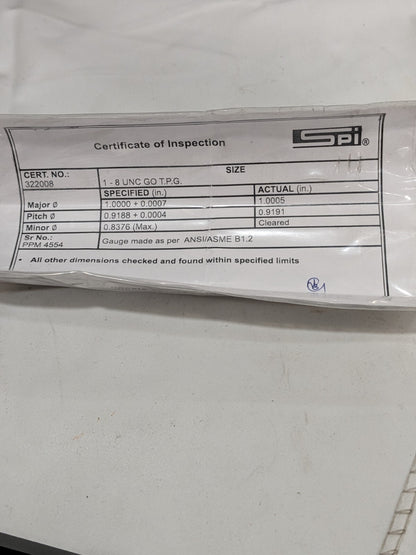 SPI Plug Thread Gage: #1-8 Thread, 2B Class, Go &amp; No Go 34-429-1