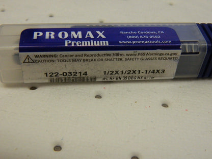 PROMAX Ball End Mill: 0.5" Dia, 1.25" LOC, 3 Flute, Solid Carbide 122-03214
