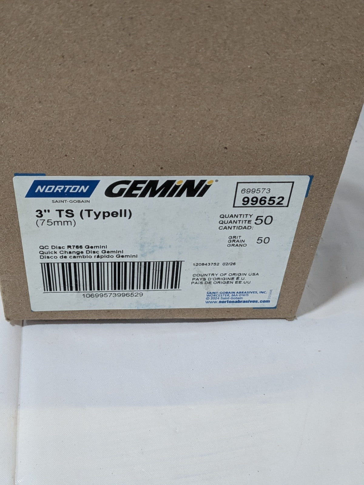 Norton Quick-Change Disc: Type S, 3" Dia, 50G, AO, Coated Qty 50 69957399652