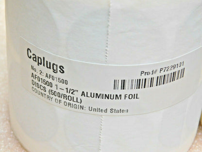 2 ROLLS Caplugs Aluminum Foil Disc Rolls 1-1/2" Diam 500 per Roll AF01500