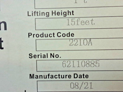CM Manual Hoist 2000 lb Capacity 15Ft Max Lift 2210A