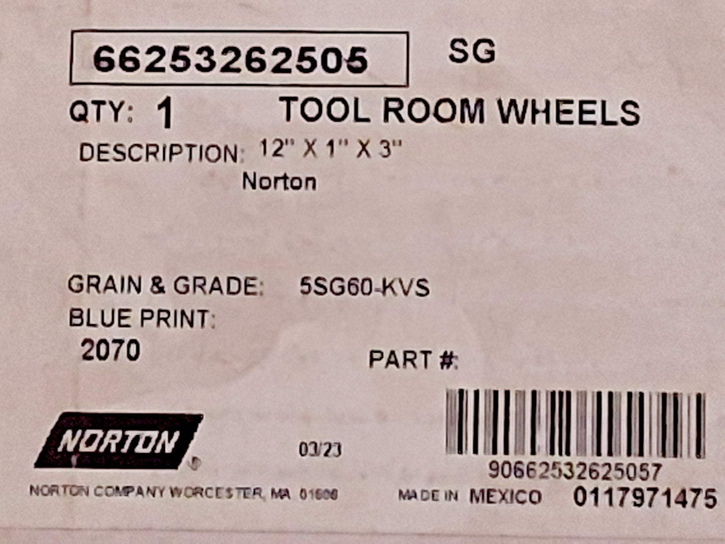 Norton Surface Grinding Wheel 12" Dia 1" Thick 3" Arbor 60 Grit 66253262505