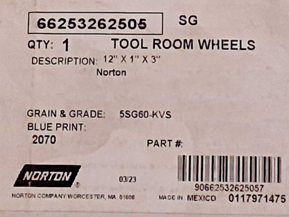 Norton Surface Grinding Wheel 12" Dia 1" Thick 3" Arbor 60 Grit 66253262505
