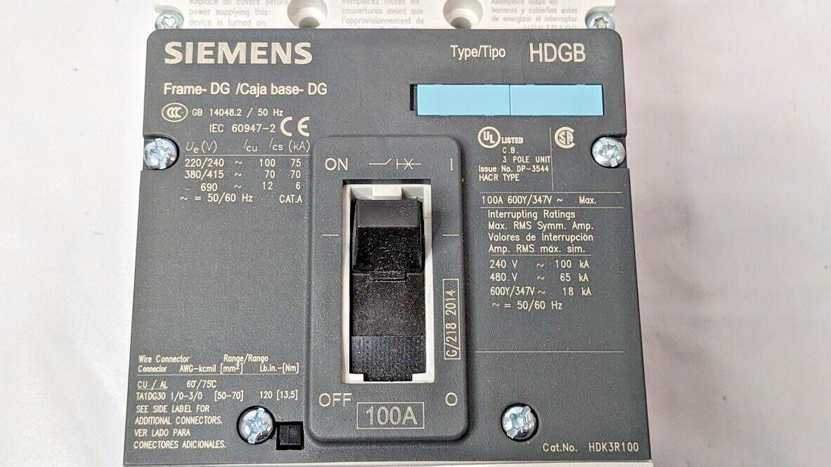 Siemens HDK3R100L VL Series 100A Circuit Breaker 3 Pole 600V ETU5-LI W/Trip Lugs